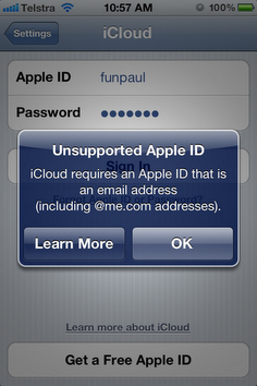 iPhone iCloud unsupported Apple ID error Unsupported Apple ID: iCloud requires an Apple ID that is an email address (including @me.com addresses)